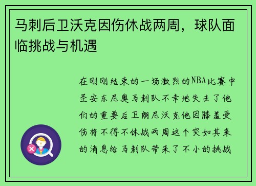 马刺后卫沃克因伤休战两周，球队面临挑战与机遇